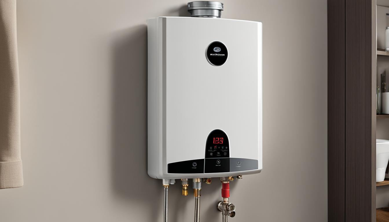 a white tankless water heater poste dup on the wall with pipes and cables running into it