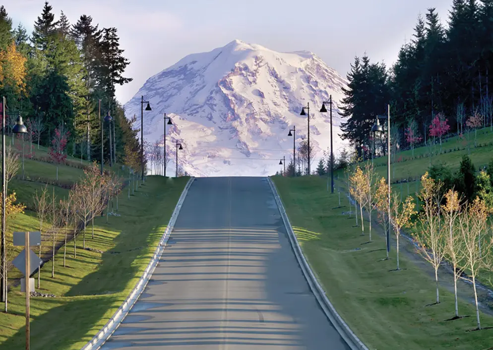 A road in Bonney lake with trees on both the right & left side of the way highway. Mt. Rainier is in view