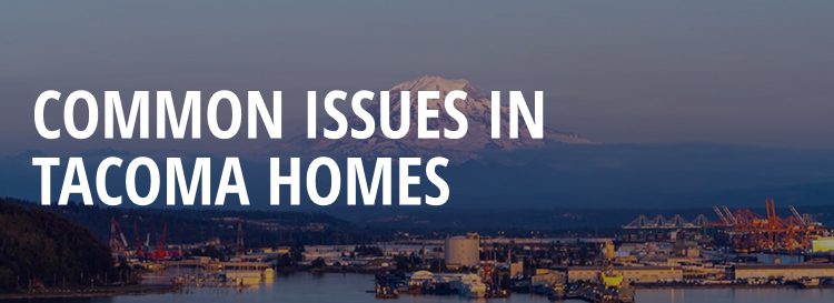 View of tacoma skyline, with text on top of it reading, "Common issues in tacoma homes'